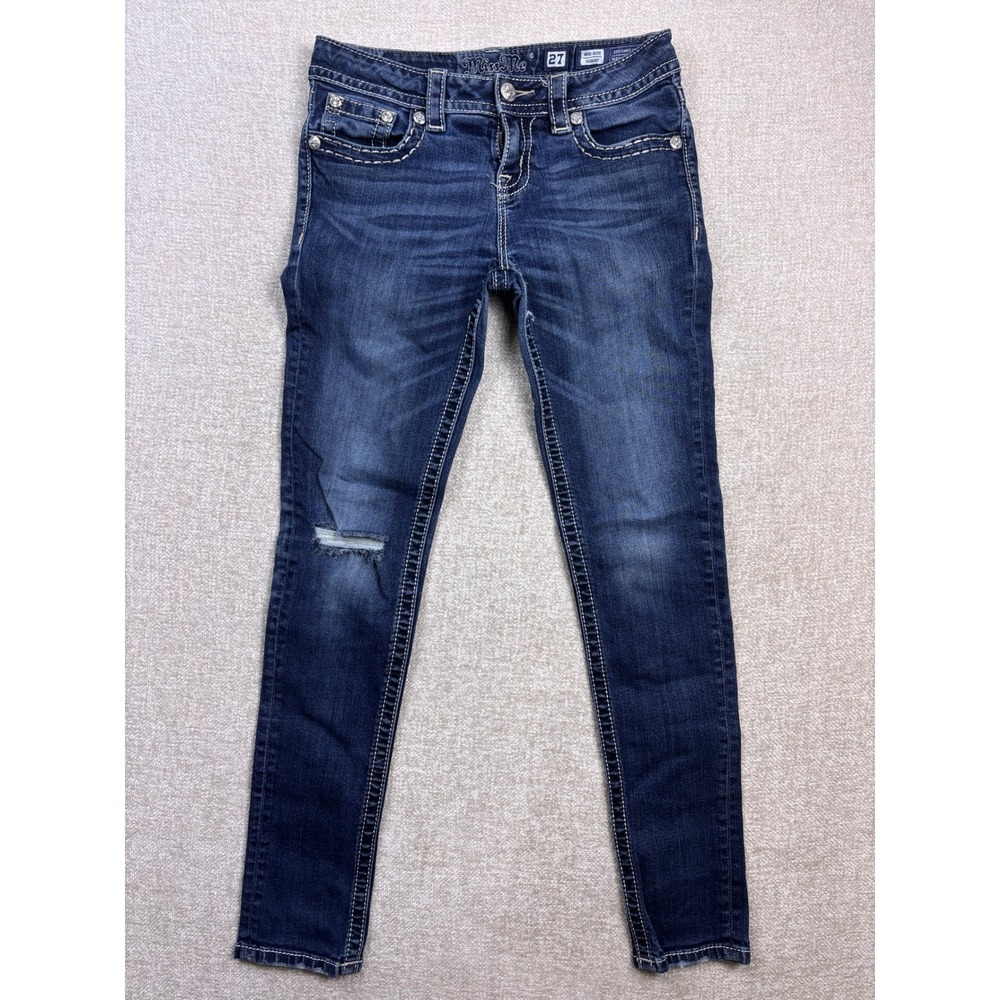 Miss Me MW7572S2 Mid Rise Skinny Jeans Dark Wash Distressed 27